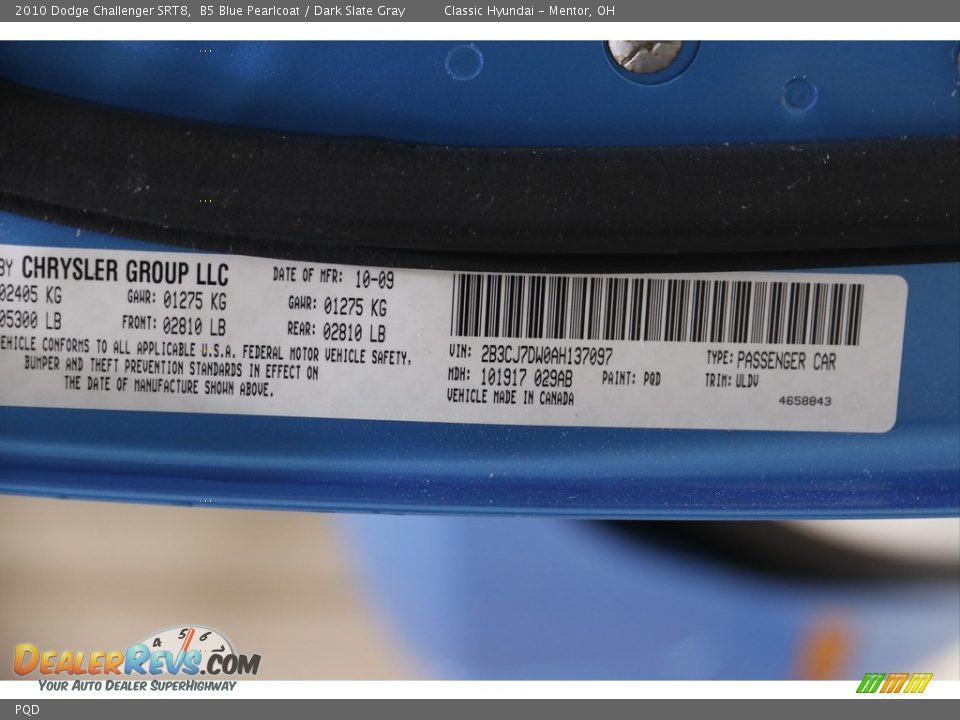 Dodge Color Code PQD B5 Blue Pearlcoat