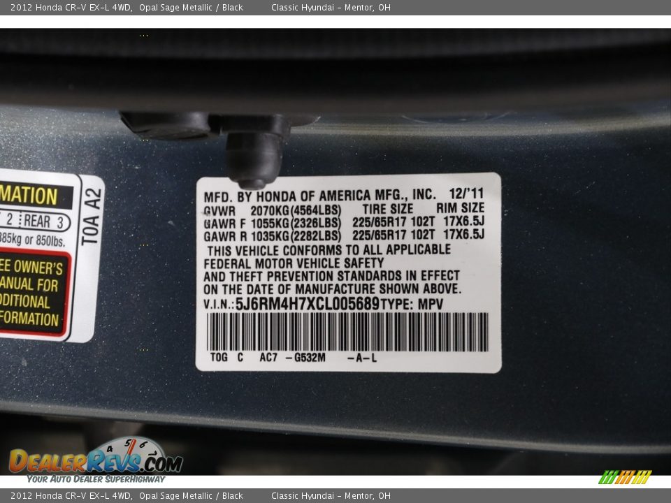 2012 Honda CR-V EX-L 4WD Opal Sage Metallic / Black Photo #22