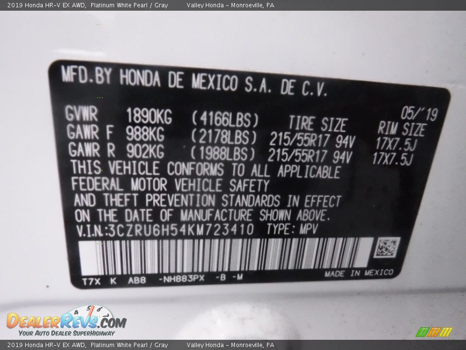 2019 Honda HR-V EX AWD Platinum White Pearl / Gray Photo #29