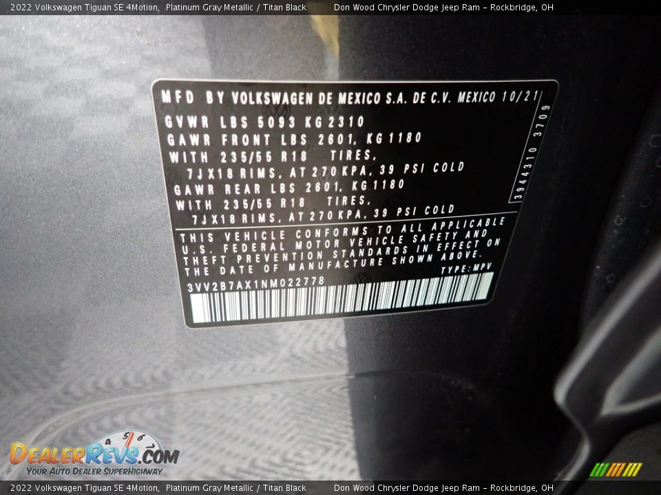 2022 Volkswagen Tiguan SE 4Motion Platinum Gray Metallic / Titan Black Photo #34