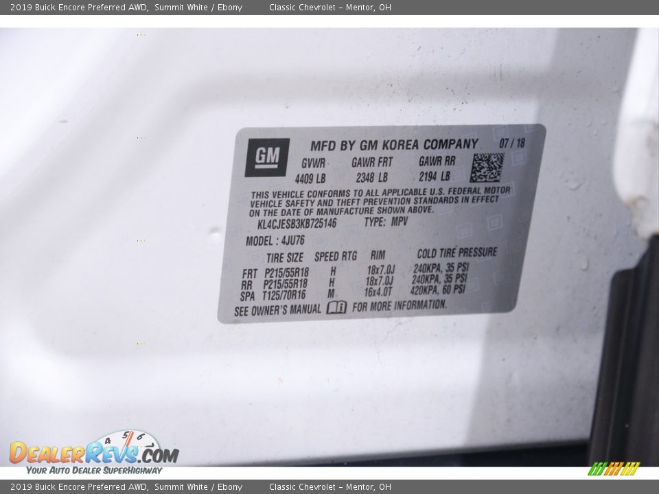 2019 Buick Encore Preferred AWD Summit White / Ebony Photo #21