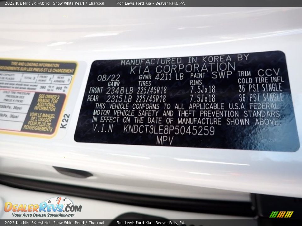 2023 Kia Niro SX Hybrid Snow White Pearl / Charcoal Photo #20