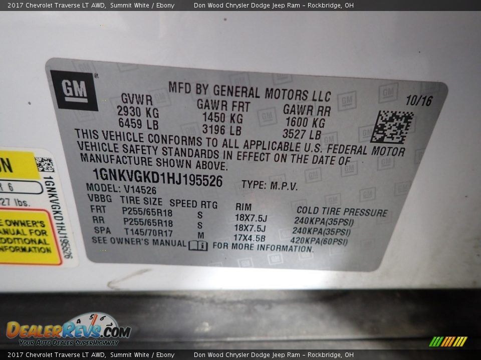 2017 Chevrolet Traverse LT AWD Summit White / Ebony Photo #34