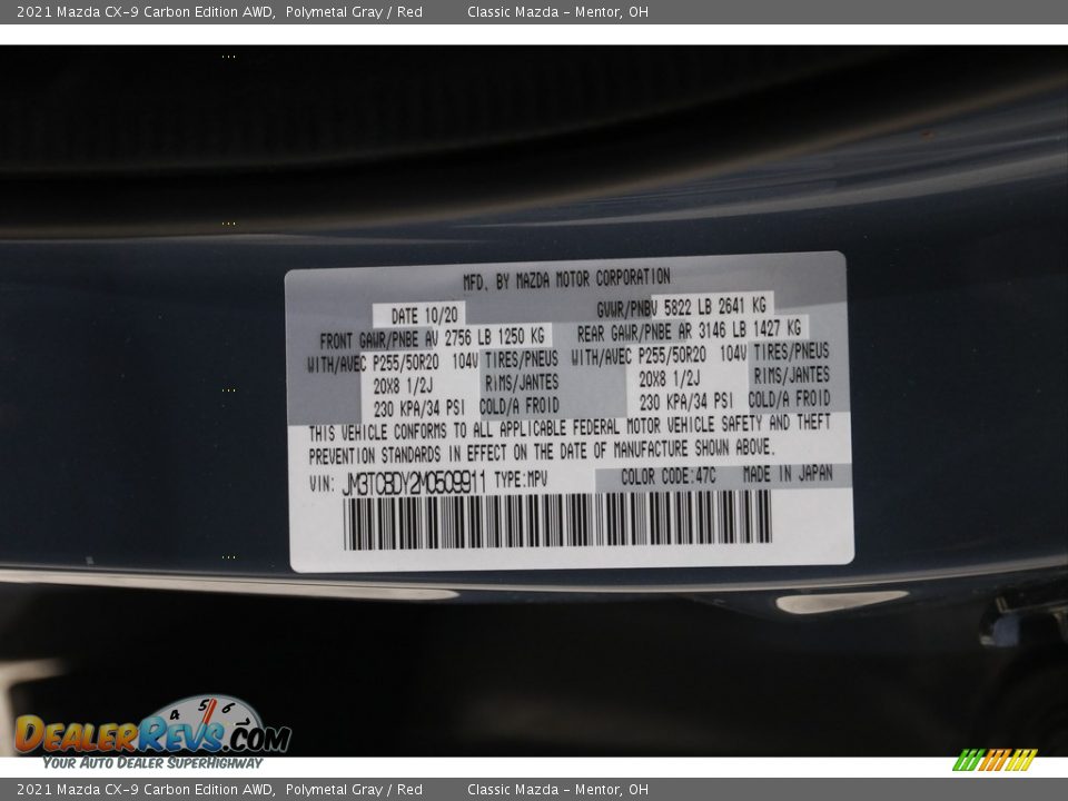 2021 Mazda CX-9 Carbon Edition AWD Polymetal Gray / Red Photo #23