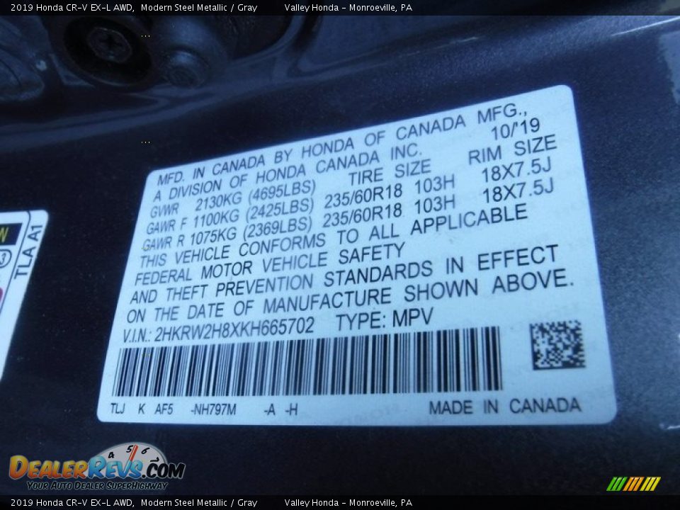 2019 Honda CR-V EX-L AWD Modern Steel Metallic / Gray Photo #34