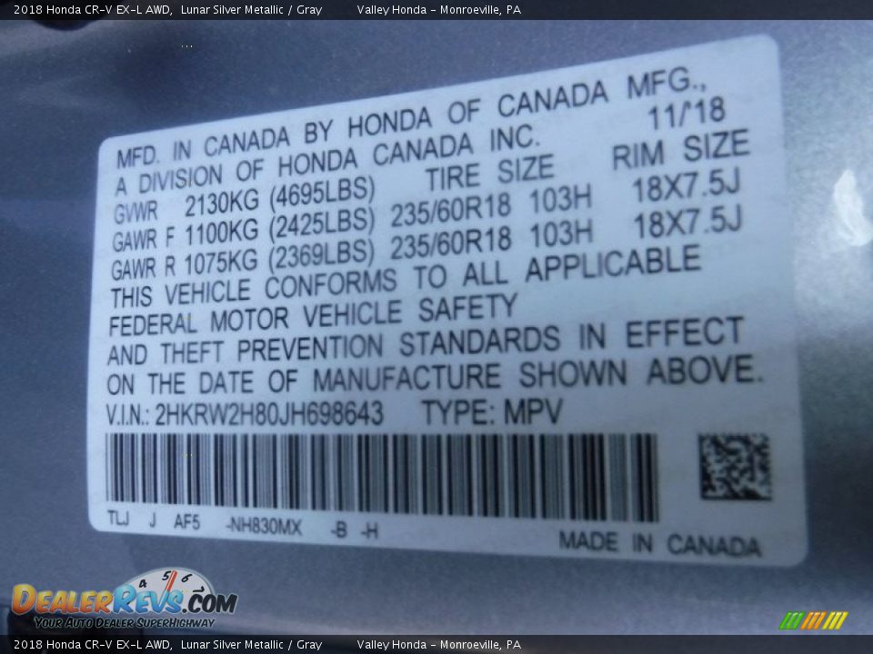 2018 Honda CR-V EX-L AWD Lunar Silver Metallic / Gray Photo #34