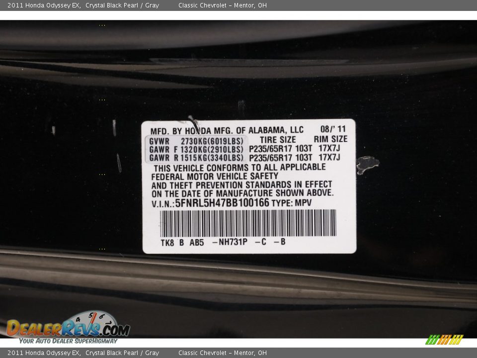 2011 Honda Odyssey EX Crystal Black Pearl / Gray Photo #20