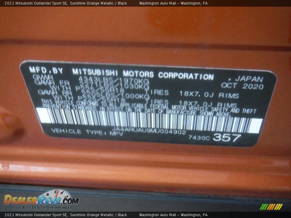 2021 Mitsubishi Outlander Sport SE Sunshine Orange Metallic / Black Photo #14