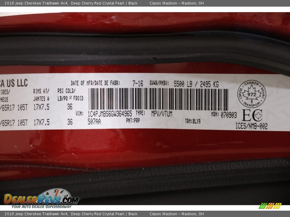 2016 Jeep Cherokee Trailhawk 4x4 Deep Cherry Red Crystal Pearl / Black Photo #24