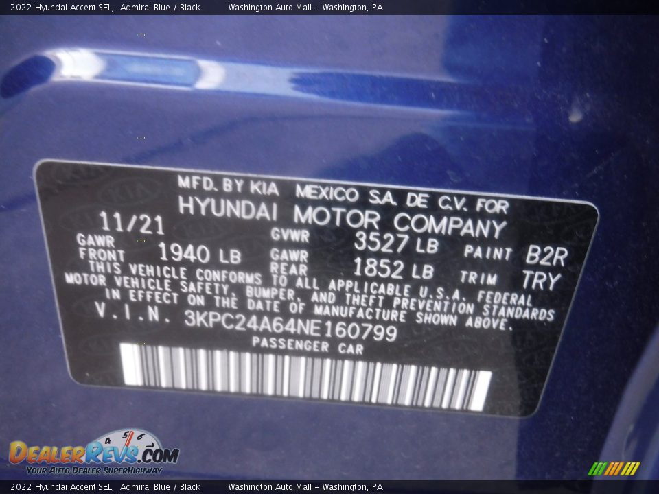 2022 Hyundai Accent SEL Admiral Blue / Black Photo #27