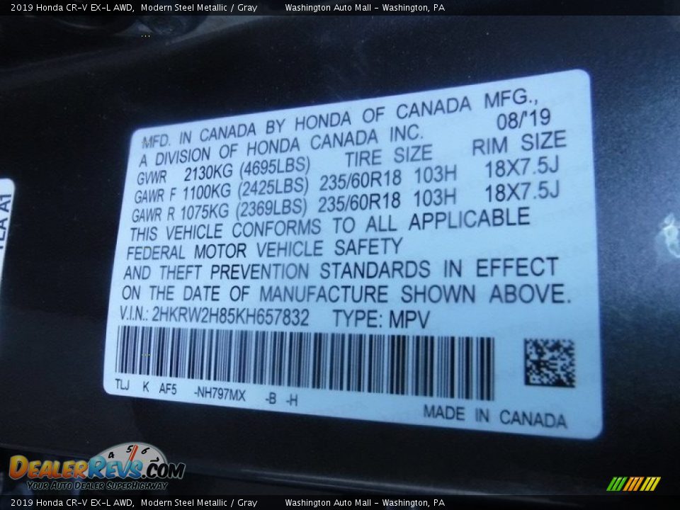 2019 Honda CR-V EX-L AWD Modern Steel Metallic / Gray Photo #34