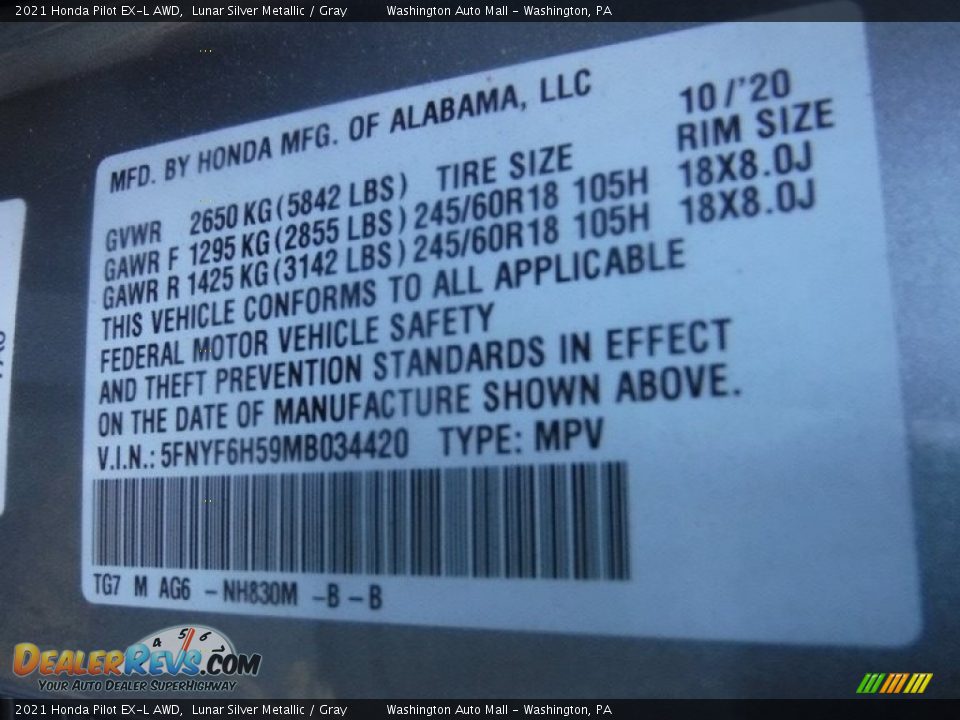 2021 Honda Pilot EX-L AWD Lunar Silver Metallic / Gray Photo #35