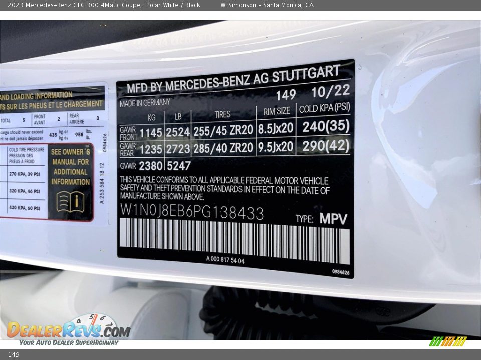 Mercedes-Benz Color Code 149 Polar White