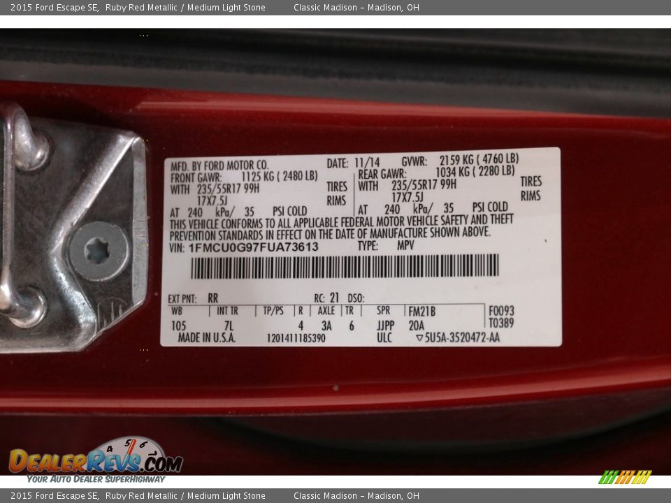 2015 Ford Escape SE Ruby Red Metallic / Medium Light Stone Photo #20