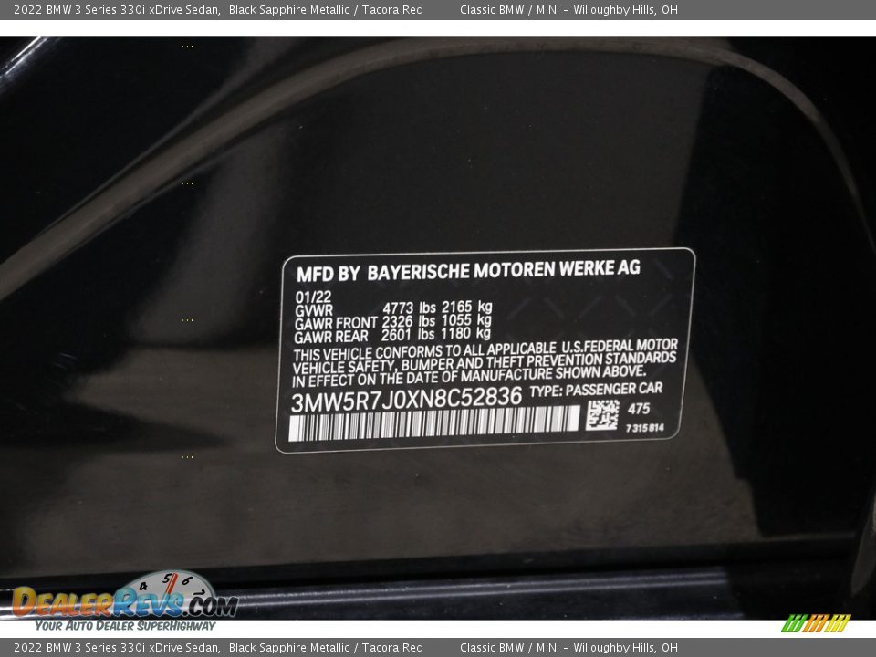 2022 BMW 3 Series 330i xDrive Sedan Black Sapphire Metallic / Tacora Red Photo #24