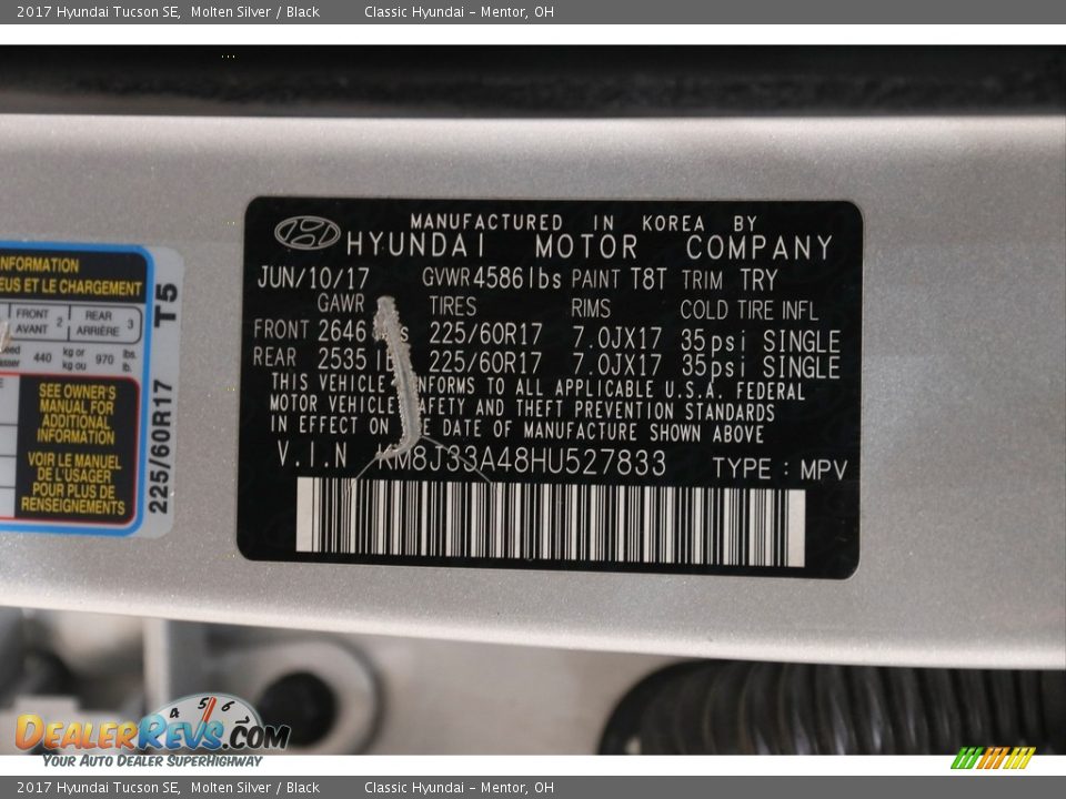 2017 Hyundai Tucson SE Molten Silver / Black Photo #23