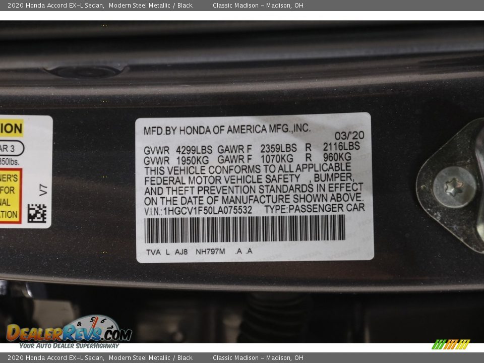 2020 Honda Accord EX-L Sedan Modern Steel Metallic / Black Photo #22