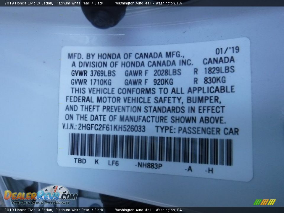 2019 Honda Civic LX Sedan Platinum White Pearl / Black Photo #27