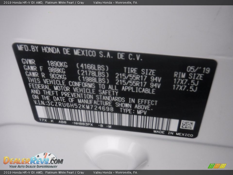 2019 Honda HR-V EX AWD Platinum White Pearl / Gray Photo #31