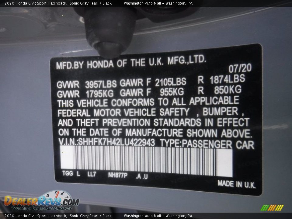 2020 Honda Civic Sport Hatchback Sonic Gray Pearl / Black Photo #29