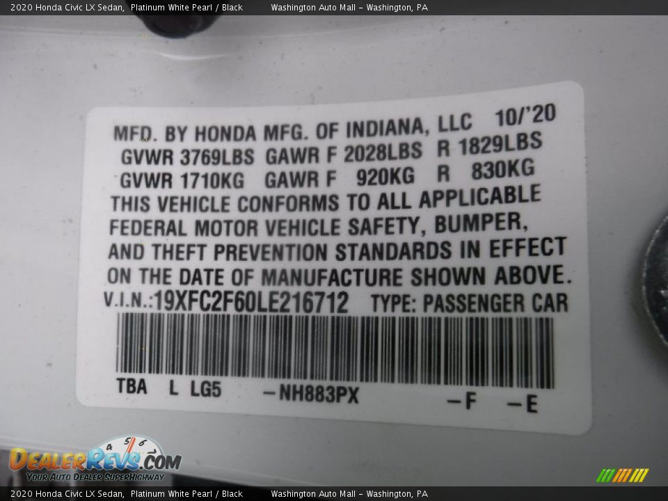 2020 Honda Civic LX Sedan Platinum White Pearl / Black Photo #24