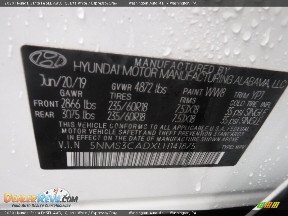 2020 Hyundai Santa Fe SEL AWD Quartz White / Espresso/Gray Photo #29
