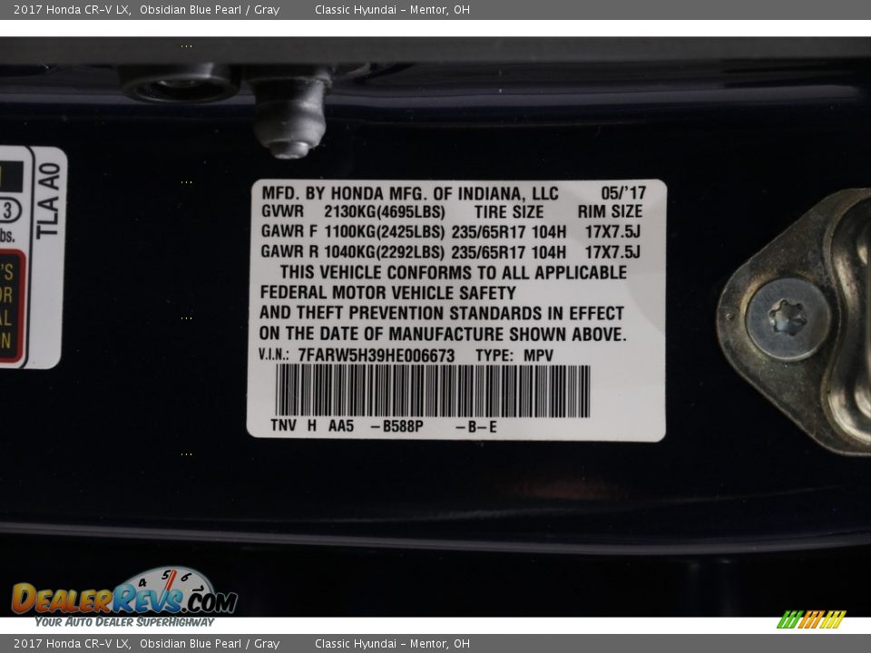 2017 Honda CR-V LX Obsidian Blue Pearl / Gray Photo #21