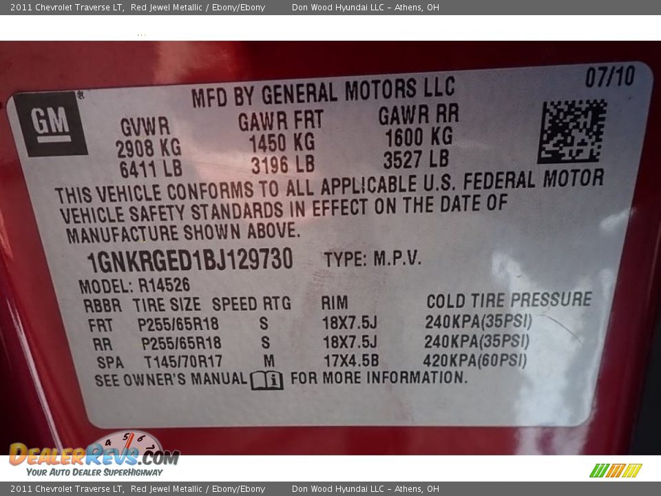 2011 Chevrolet Traverse LT Red Jewel Metallic / Ebony/Ebony Photo #18