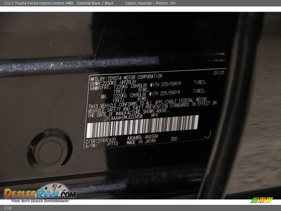 Toyota Color Code 219 Celestial Black