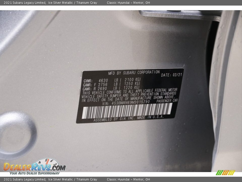 2021 Subaru Legacy Limited Ice Silver Metallic / Titanium Gray Photo #21