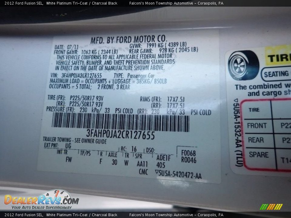 2012 Ford Fusion SEL White Platinum Tri-Coat / Charcoal Black Photo #27