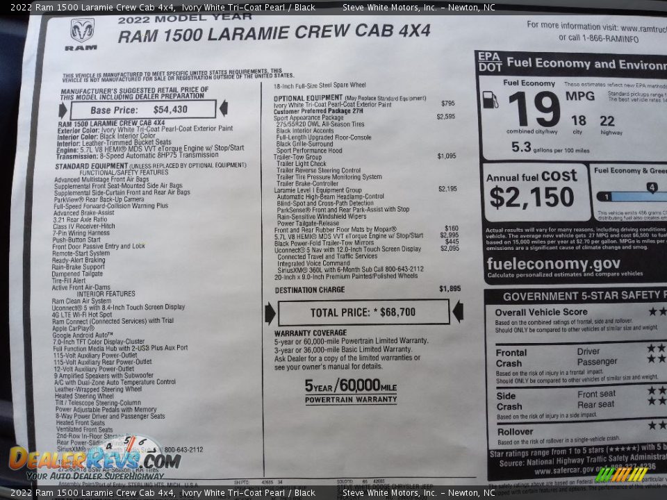 2022 Ram 1500 Laramie Crew Cab 4x4 Window Sticker Photo #31