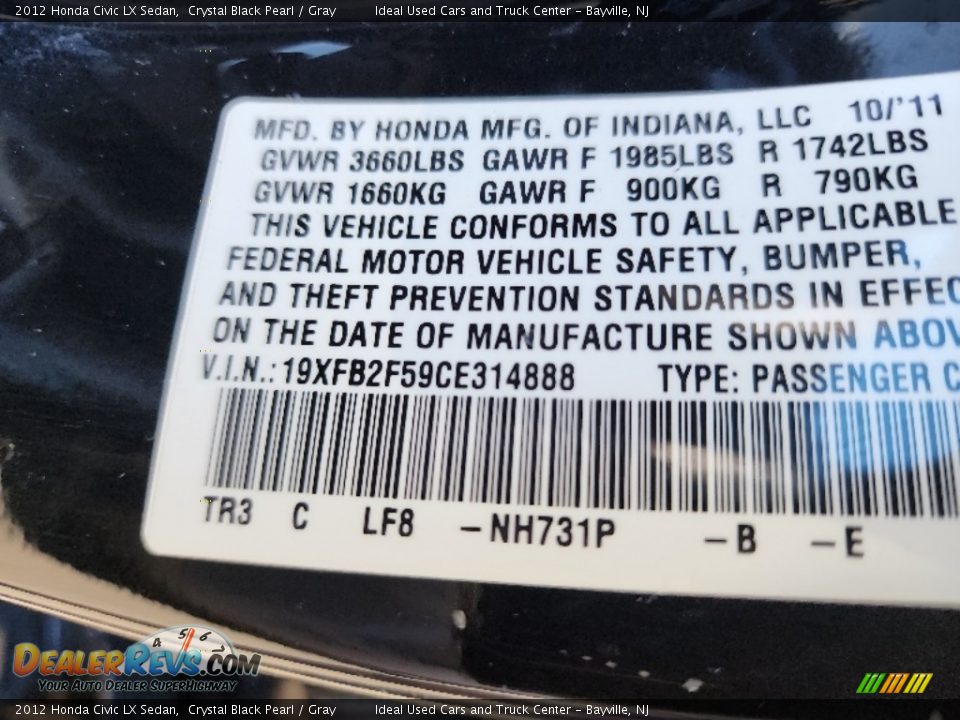 2012 Honda Civic LX Sedan Crystal Black Pearl / Gray Photo #28