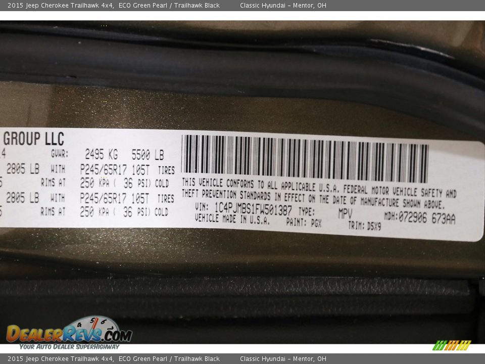 2015 Jeep Cherokee Trailhawk 4x4 ECO Green Pearl / Trailhawk Black Photo #23