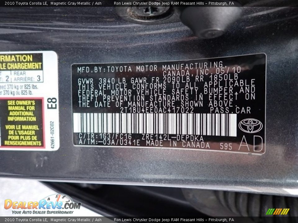 2010 Toyota Corolla LE Magnetic Gray Metallic / Ash Photo #15
