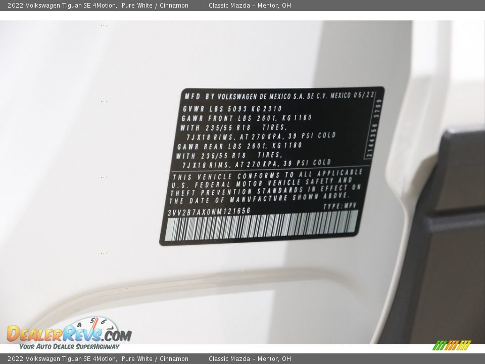 2022 Volkswagen Tiguan SE 4Motion Pure White / Cinnamon Photo #21