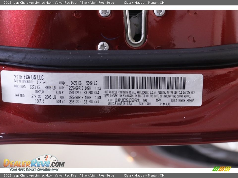 2018 Jeep Cherokee Limited 4x4 Velvet Red Pearl / Black/Light Frost Beige Photo #26