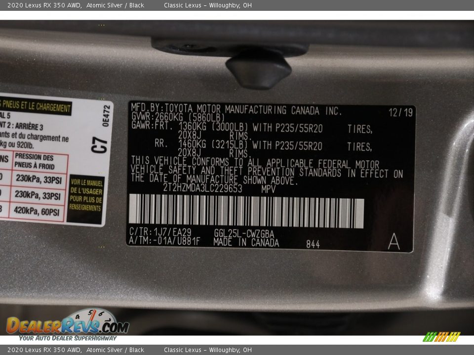 2020 Lexus RX 350 AWD Atomic Silver / Black Photo #22