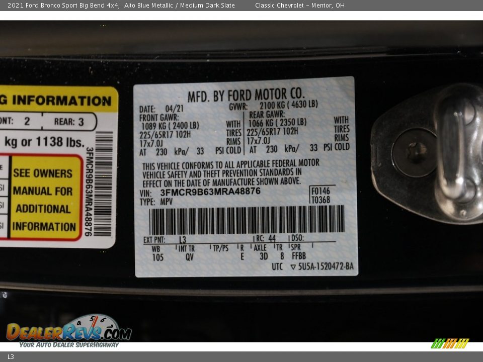 Ford Color Code L3 Alto Blue Metallic