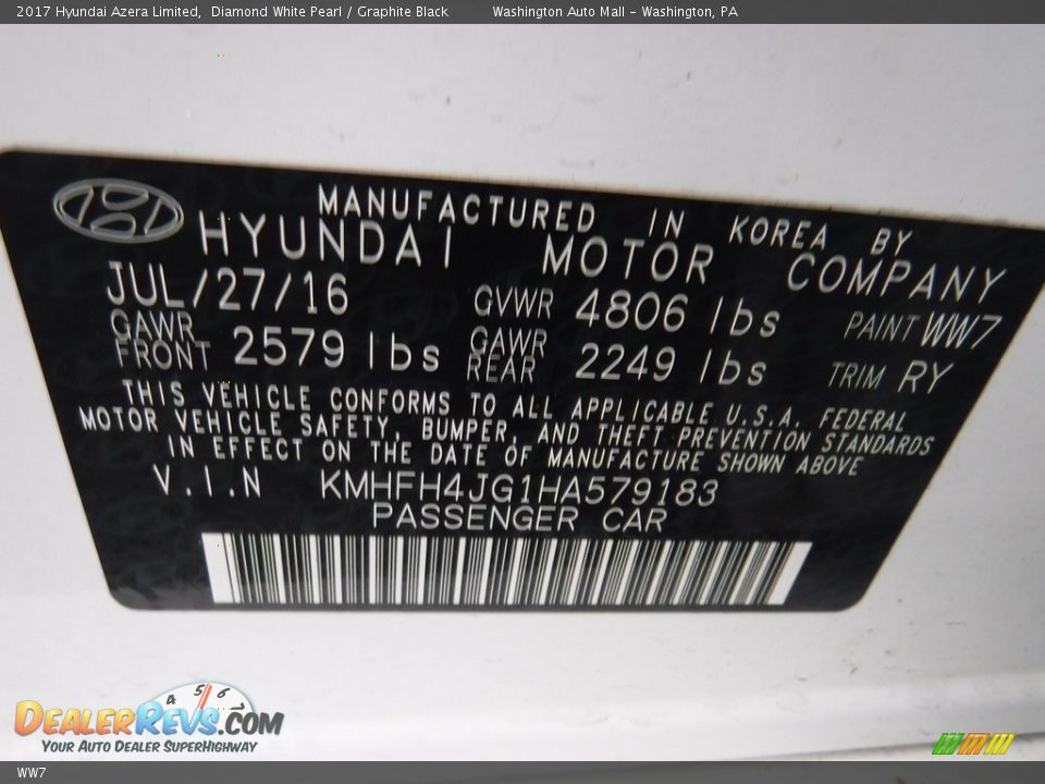 Hyundai Color Code WW7 Diamond White Pearl