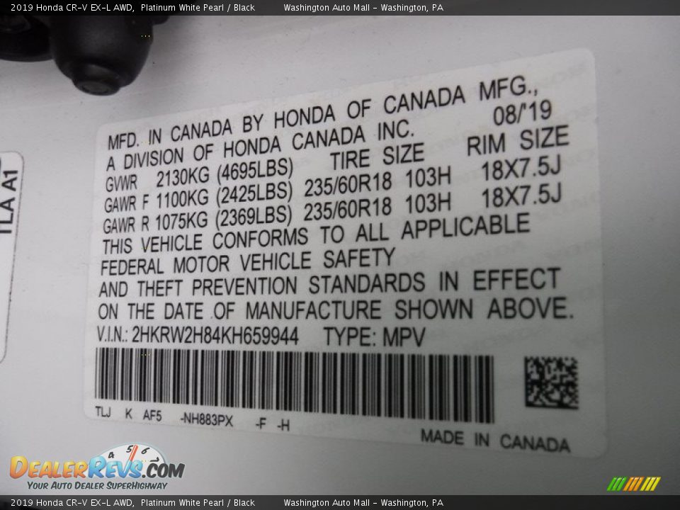 2019 Honda CR-V EX-L AWD Platinum White Pearl / Black Photo #34