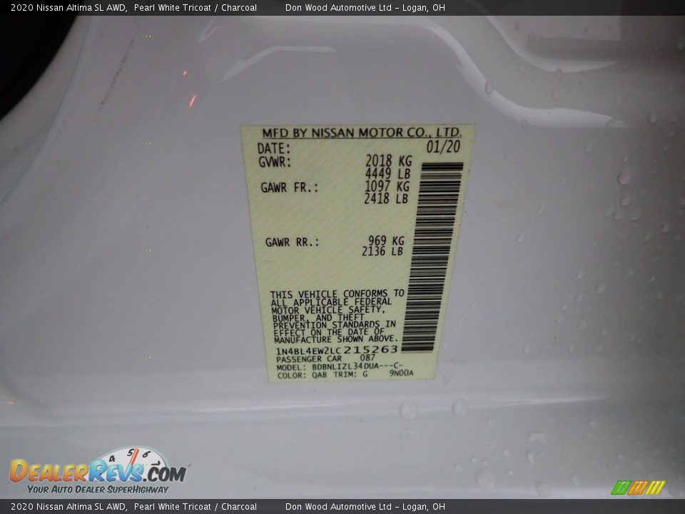2020 Nissan Altima SL AWD Pearl White Tricoat / Charcoal Photo #34