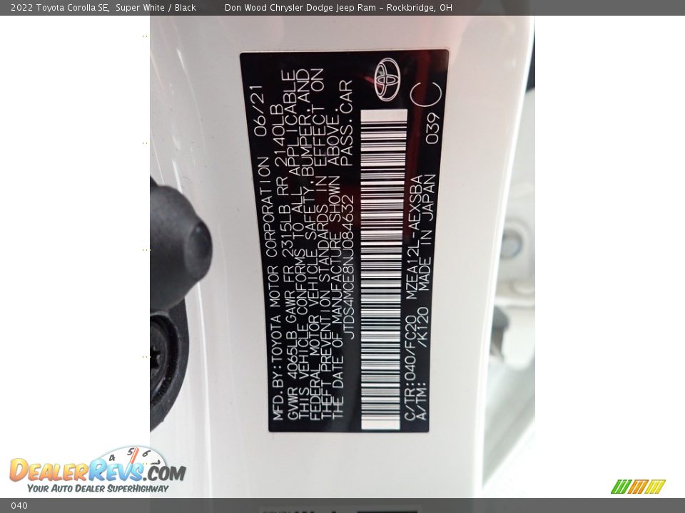 Toyota Color Code 040 Super White