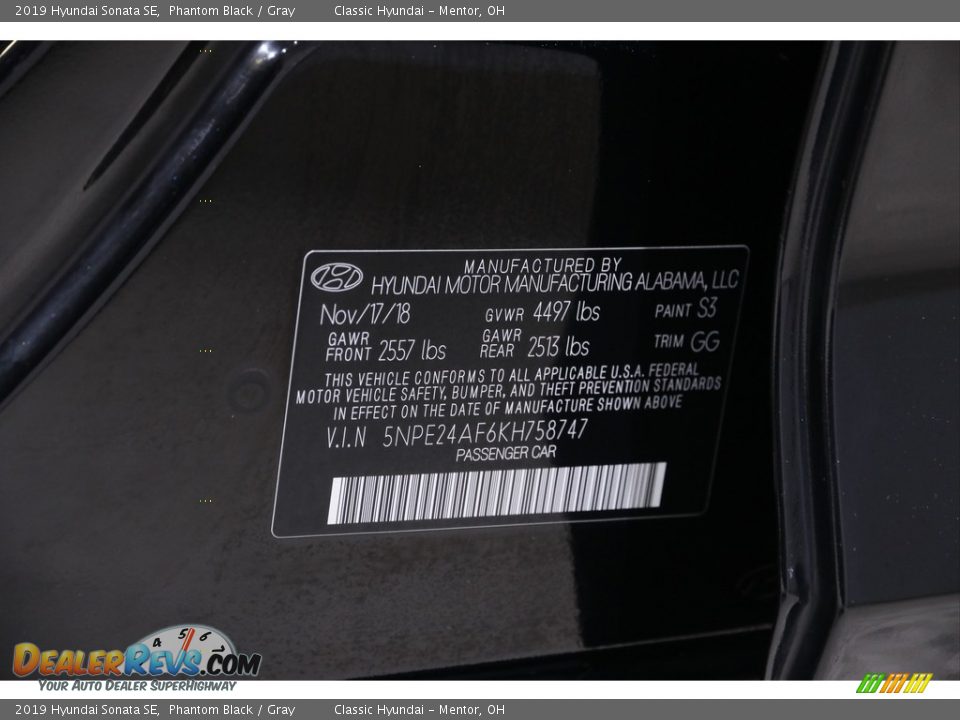 2019 Hyundai Sonata SE Phantom Black / Gray Photo #20