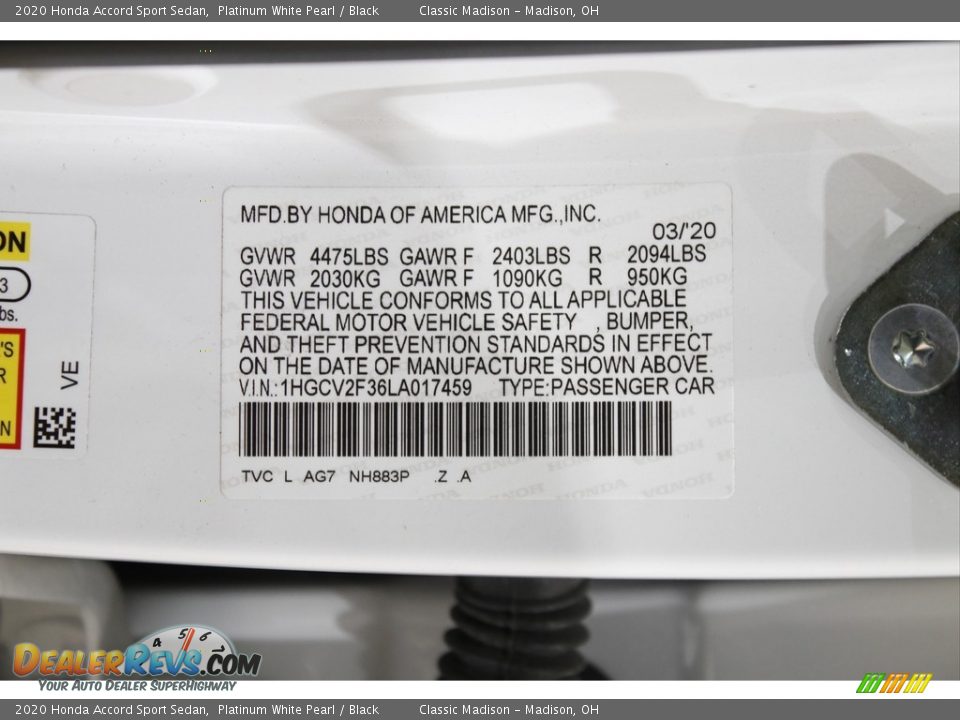 2020 Honda Accord Sport Sedan Platinum White Pearl / Black Photo #22