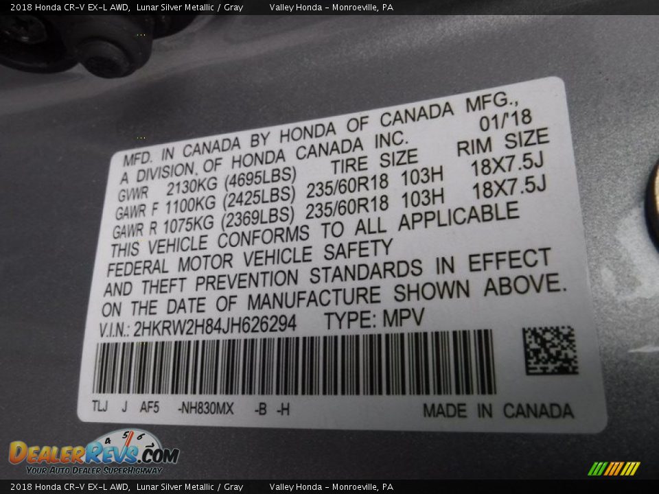2018 Honda CR-V EX-L AWD Lunar Silver Metallic / Gray Photo #34