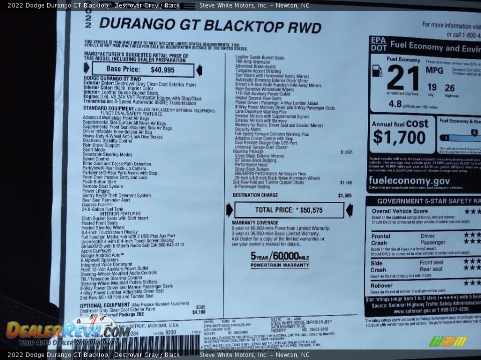 2022 Dodge Durango GT Blacktop Window Sticker Photo #30