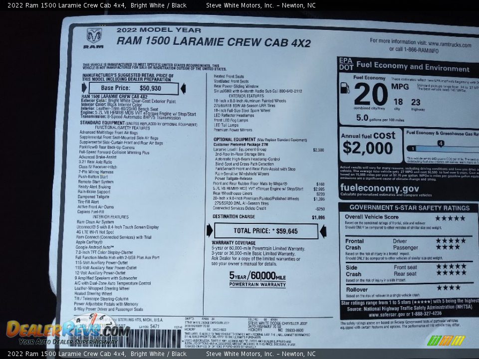 2022 Ram 1500 Laramie Crew Cab 4x4 Bright White / Black Photo #27