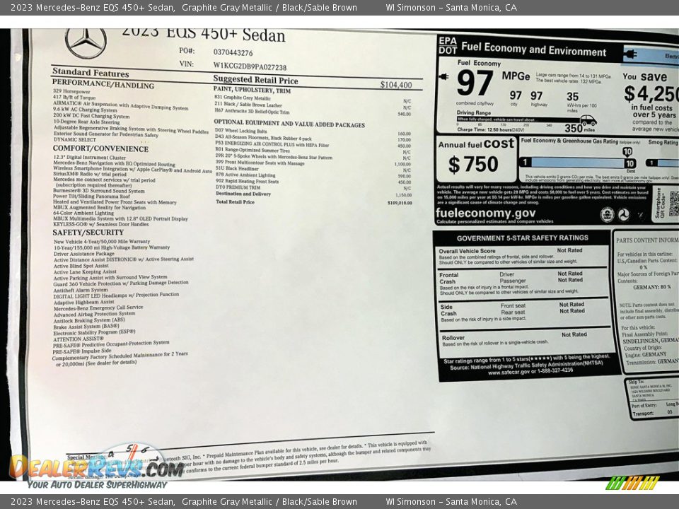 2023 Mercedes-Benz EQS 450+ Sedan Window Sticker Photo #13