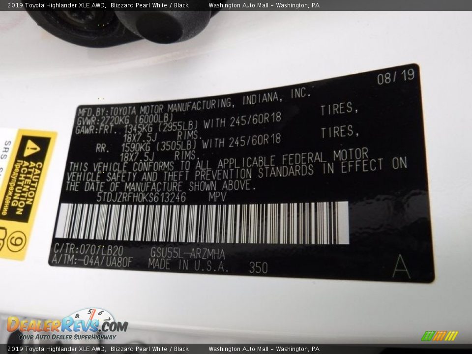 2019 Toyota Highlander XLE AWD Blizzard Pearl White / Black Photo #31